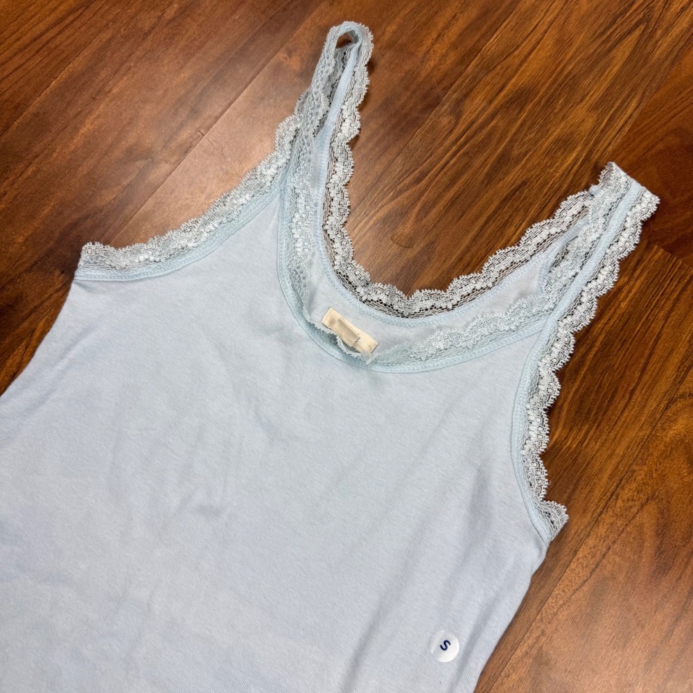 Aerie Light Blue Lace Trim Ribbed Tank Top Small Scoop Neck Camisole